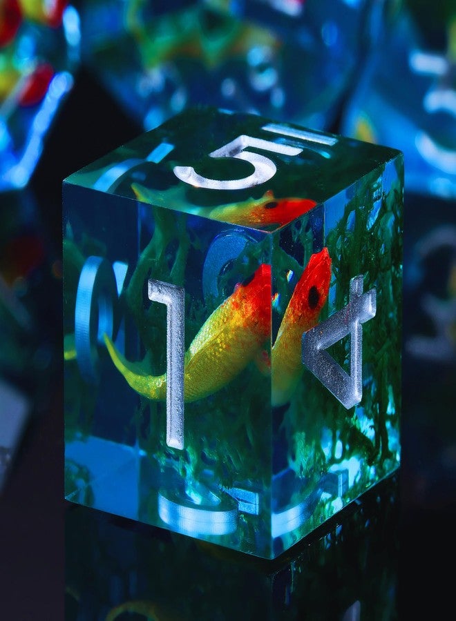 Froggod Moss and Koi Fish DND Dice Set - 7Pcs Sharp Edge Resin Polyhedral Game Dice for D&D RPG - Includes D20, D12, D10, D8, D6, D4 - Moss Agate Fish Design(Blue) - Image 5